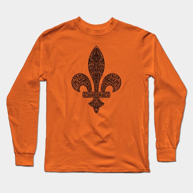 Fleur de lis paisley BLACK Long Sleeve T-Shirt by rocksandcolors